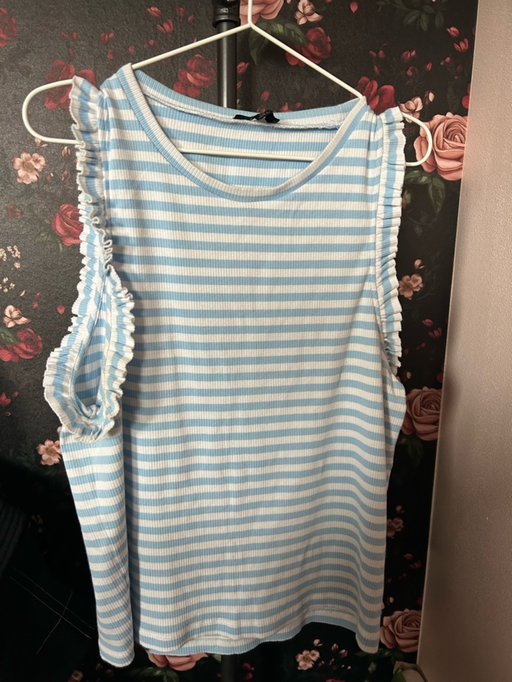 J. Crew Blue and White Striped Ruffle-Trim Tank